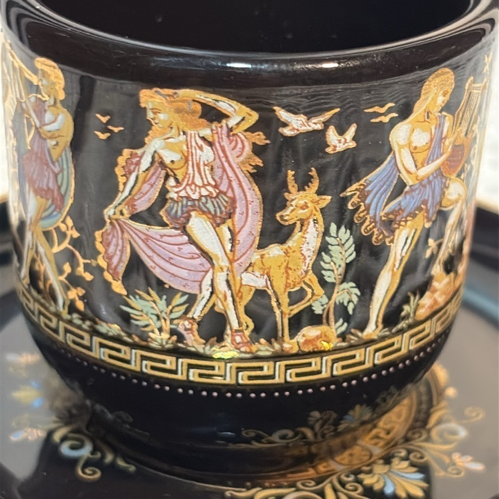 1960s Black and Gold Greek Gods Motif Mini Tea Cup /Saucer Set 24K Gold & Spoon - Picture 6 of 17
